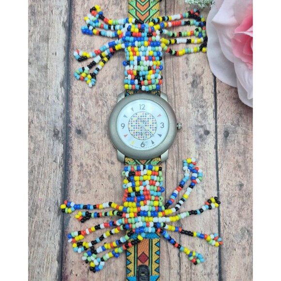 Leather Band Native Seed Bead Jacques Couture Watch Works New Battery Unique - Picture 3 of 9